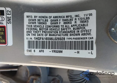 2006 Honda Civic Lx z USA, uszkodzony, nr VIN 1HGFA16596L026928